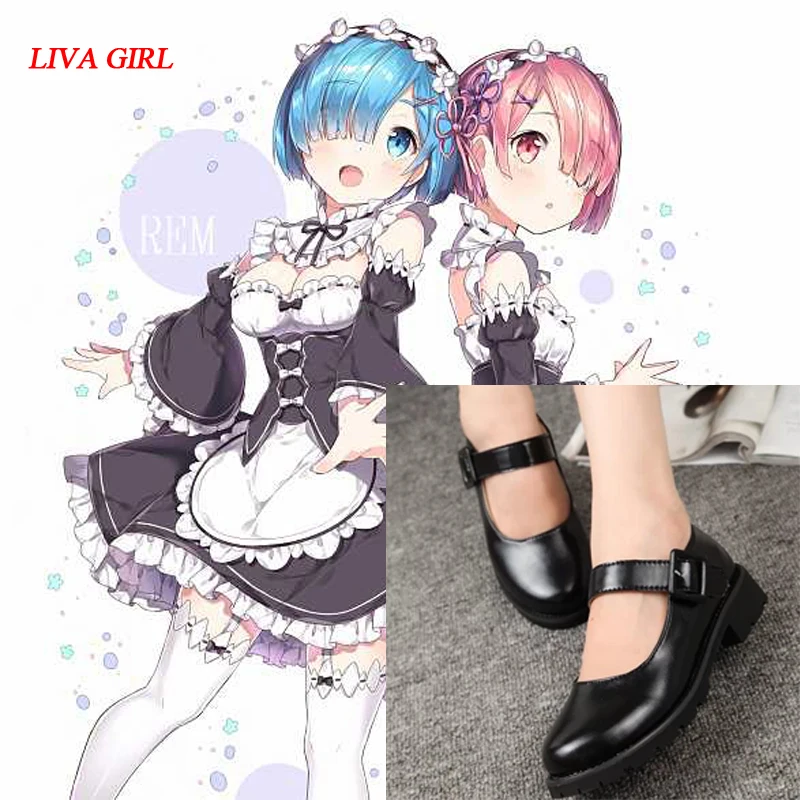 Женские туфли на низком каблуке черные кожаные для косплея Re:Zero kara Hajimeru Isekai Seikatsu
