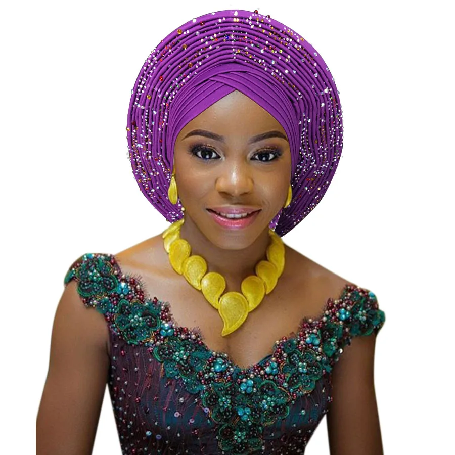 2018 New african aso oke cotton headtie nigerian gele headtie already made auto hele turban cap aso ebi big brim gele  (4)
