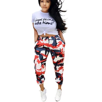 

Spring Summer Women Two Piece Set Top and Pants Letter Print Camouflage Short T Shirt Elastic Waist Pants Plus Size Tracksuit
