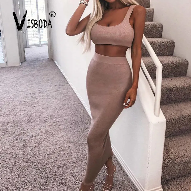 

Women Pink Two Piece Set Cropped Top Skirt Set 2019 Summer Sexy Female Knitted Party Club Sets Clothes Streetwear Elegant Femme