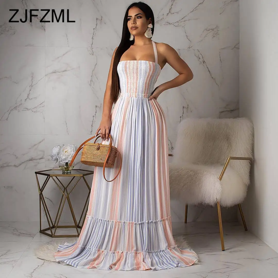 

Colorful Striped Summer Beach Dress Women Off The Shoulder Backless Long Maxi Vestidos Sexy Halter Chiffon Bohemian Dress Tunic
