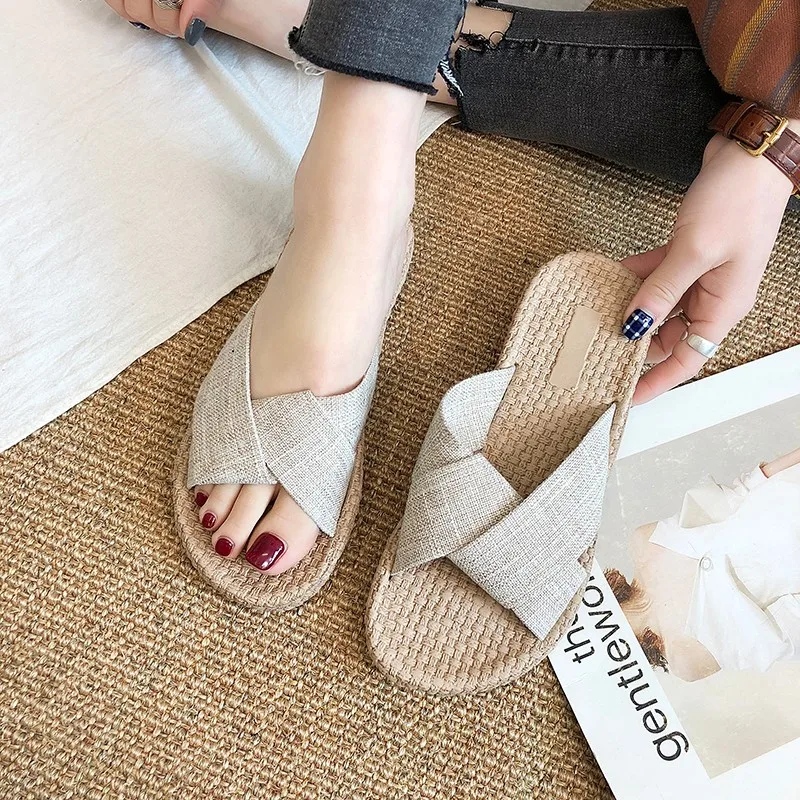Women's Slippers Female Straw Woven Hemp Roap Cross Strap Slip on Plus Size Hollow Out Flat with Black Beige Casual Beach Shoes | Обувь