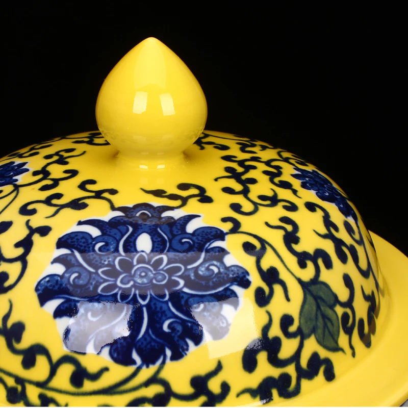 Jingdezhen Античная желтая глазурь сине белая большая банка для хранения китайская