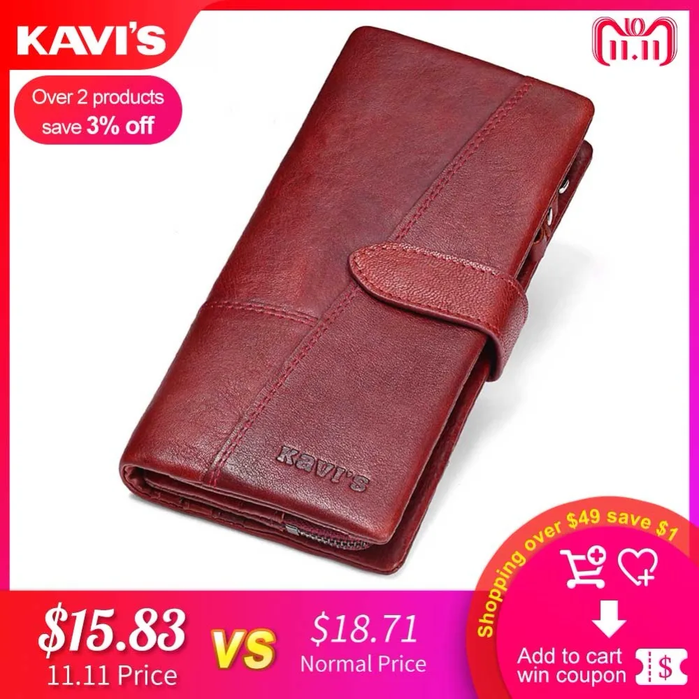 KAVIS Genuine Leather Women Wallet Female Long Clutch Lady Walet Portomonee Rfid Luxury Brand Money Bag Magic Zipper Coin Purse