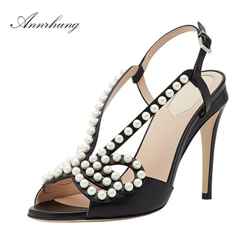

Sexy Beading Cut Out Gladiator Sandals Women Back Strap Peep Toe Thin High Heels Real Leather String Pearl Stiletto Sandalias