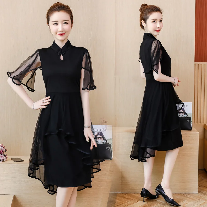 

womens woman ladies summer cute vintage black mesh Patchwork plus size M-4XL XXL XXXL 3XL XXXXL slim Casual party office dress