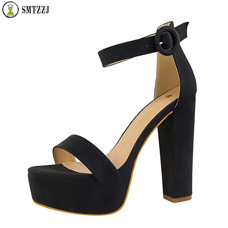 

2019 Luxury Elegant Female Super High Heels 13.5 cm Flock Scarping Pumps Sandals Summer Women Platform Party Sandals Shoes