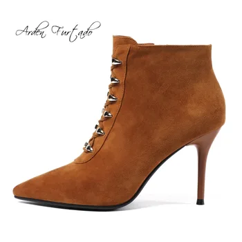 

Arden Furtado 2019 spring stilettos heels 8cm ankle boots cross tied pointed toe matin boots brown boots women's shoes 33 41 42