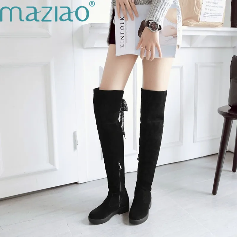 

Black Pointed Toe Women Thigh High Long Boots Back Lace Up Brand Designer Over The Knee Boots Ladies low Heels MAZIAO
