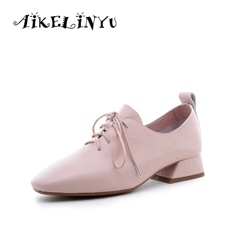 

AIKELINYU New Women Pumps 2019 Spring Fashion Comfortable Genuine Leather Shoes Pure Color Tie-up Low Heel Shoes Office Lady