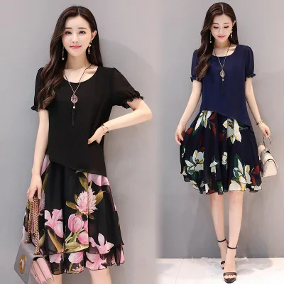 

4XL 5XL Floral chiffon dress plus size elegant women summer dress big size A-line patchwork casual dress boho short beach dress