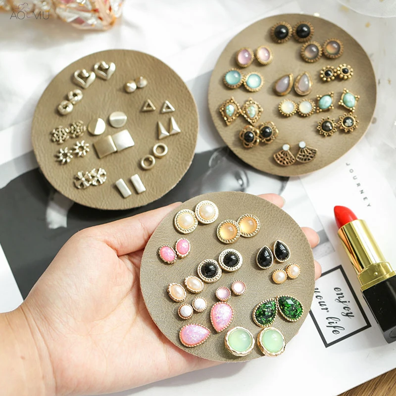 AOMU 12 Pairs Vintage Opal Stone Crystal Pearl Enamel