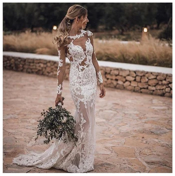

Smileven Mermaid Wedding Dress Long Sleeves Lace Sexy See Through Beach Bride Dresses Train Elegant Wedding Bridal Gowns 2019