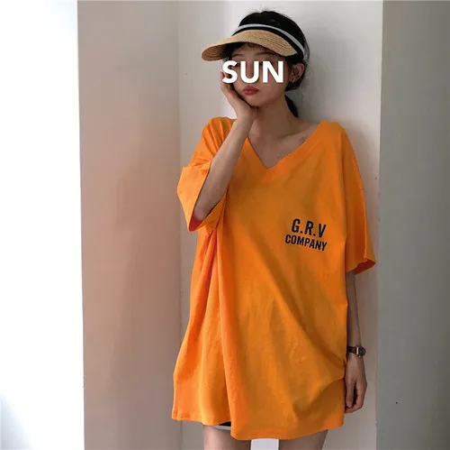 

Simple Letter Printed V-neck Long Design Casual Street Orange Cotton Oversize 2019 Female Women T-shirts Top