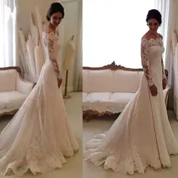 Винтаж простой кружево Свадебные платья с открытыми плечами аппликации линии платье до пола одежда длинным рукавом LG032507
