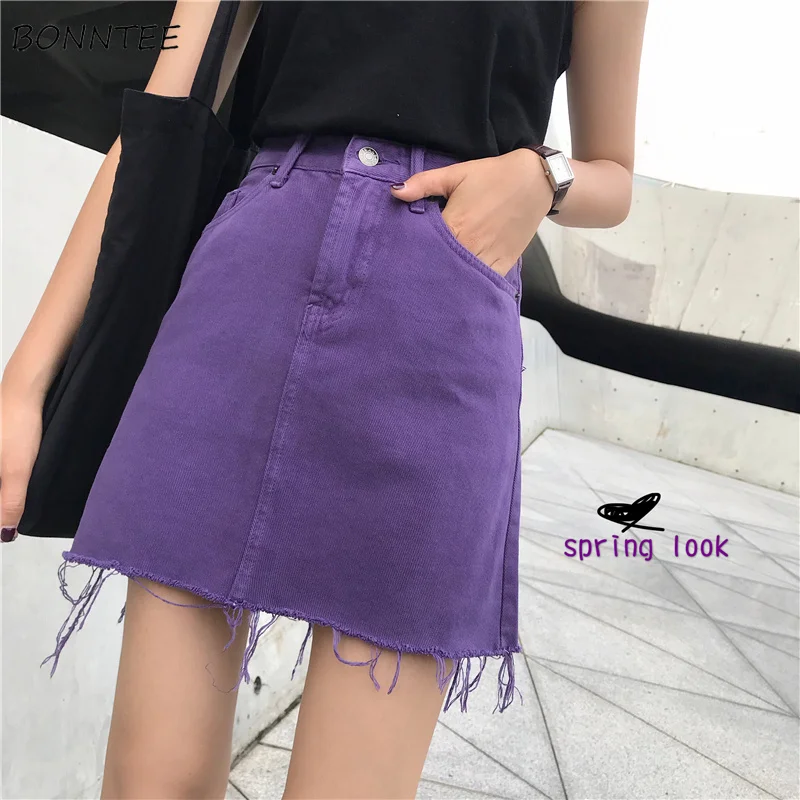 

Skirts Women Tassel High Waist Purple Skirt Mini Streetwear Slim Korean Style Harajuku Zipper Fly Button Pockets Leisure Trendy