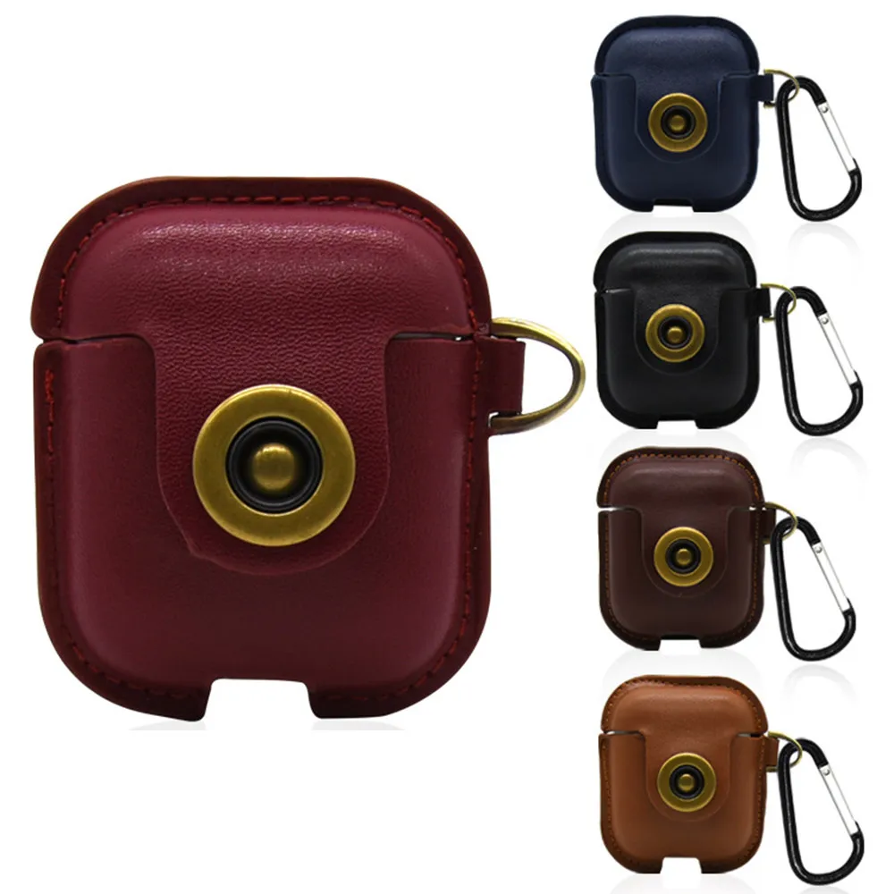 

HOT 2019 Fashion Shock Proof Leather Cover Skin Case With Metal Carabiner Protective For AirPods Earphones R0327