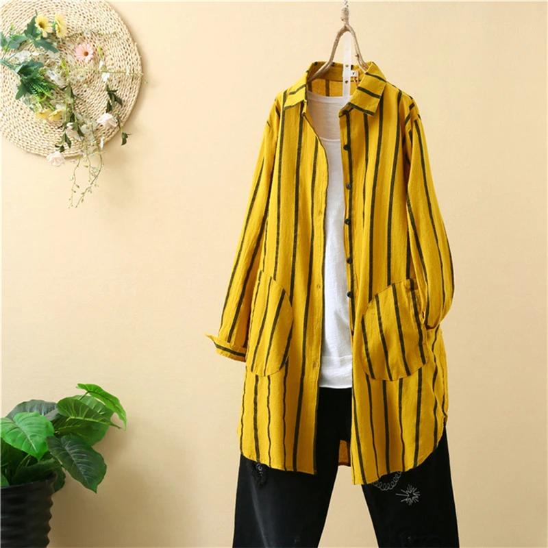 

Women Spring Fashion Cotton Long Shirt Collar Striped Casual Soft Shirts Long Sleeve Loose Leisure Literary style Retro Clothes