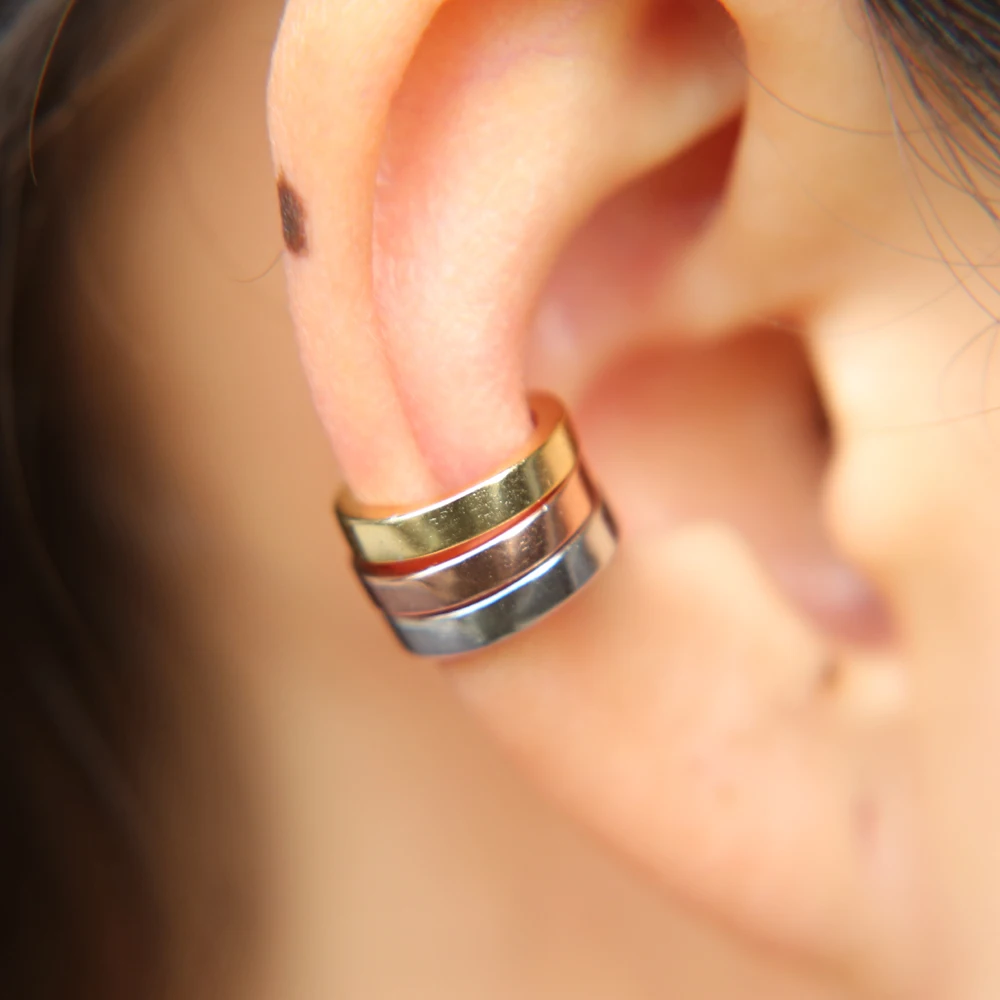 100% 925 sterling silver simple circle cuff plain high polished women girl no pierced three color stack cuff earring (13)