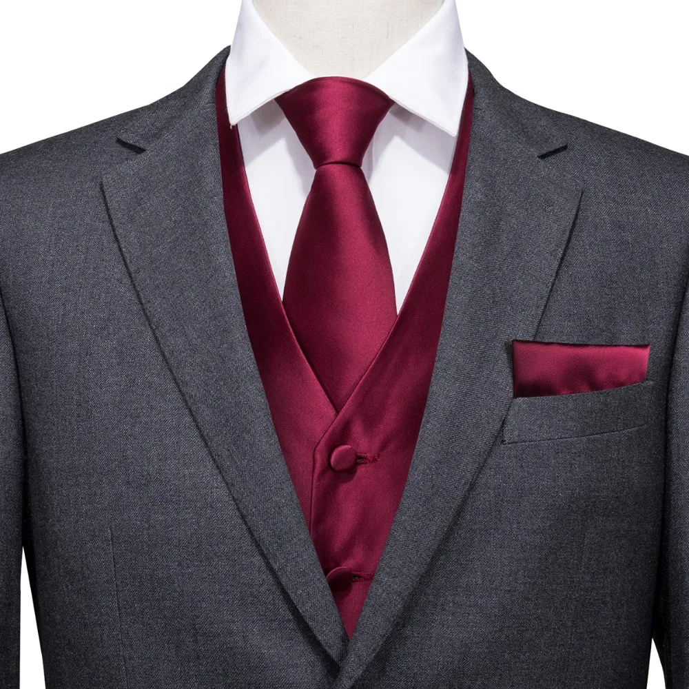 Hi-Tie High Quality Silk Men's Waistcoat Vest Tie Set Classic Party Wedding Red Vest Pocket Square Cufflinks Tie Suit Set VE-004