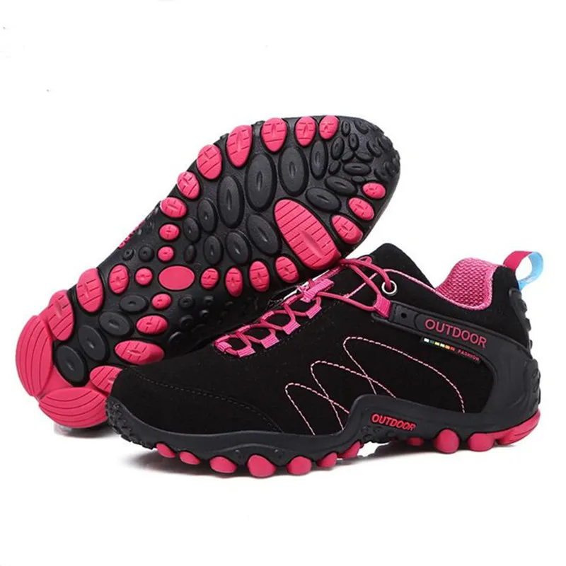 Мужская и Женская водонепроницаемая походная обувь, обувь для альпинизма, пара уличных треккинговых ботинок, Мужские дышащие походные охотничьи ботинки - Цвет: Black Fuchsia