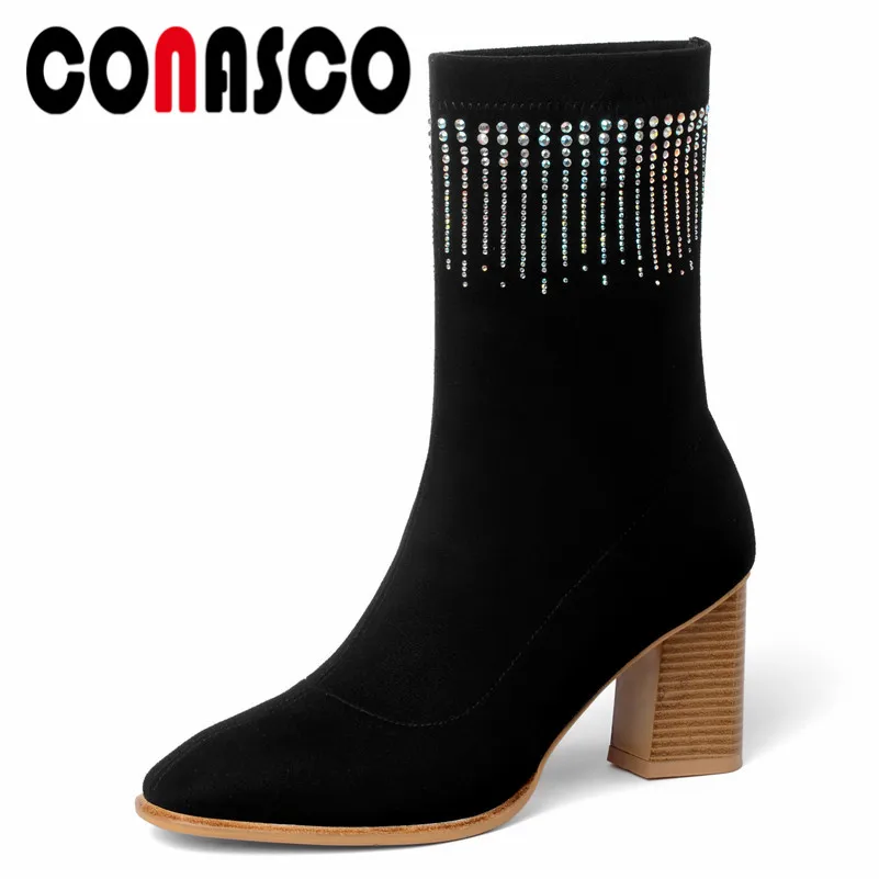 

CONASCO Brand Women Ankle Boots Sexy Glitters Socks Boots Female Autumn Winter High Warm Shoes Woman High Heeled Party Pumps