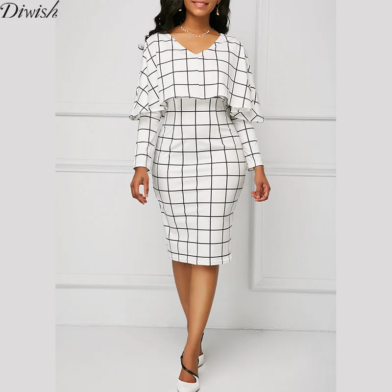 

Diwish Fashion Dress Women Summer 2019 Long Sleeve Plaid Print Bodycon Dress Summer O-Neck White Midi Office Dresses