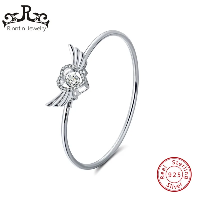 

Rinntin Real 925 Sterling Silver Women Bangles Bracelets Hollow Heart Wings Shape Movable AAA Zircon Female Bangle Jewelry TSB10