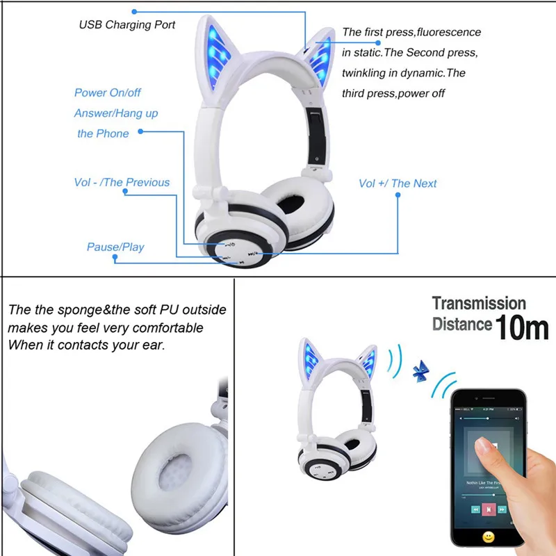 LIMSON складные беспроводные Bluetooth наушники светодиодный мигающий кот ухо белые наушники для мальчиков и девочек