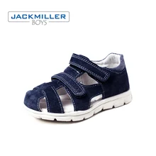 Jackmiller/Детские кожаные сандалии с закрытым носком для мальчиков; Повседневная пляжная обувь на плоской подошве; детские летние сандалии; цвет серый, темно-синий; размеры 24-29