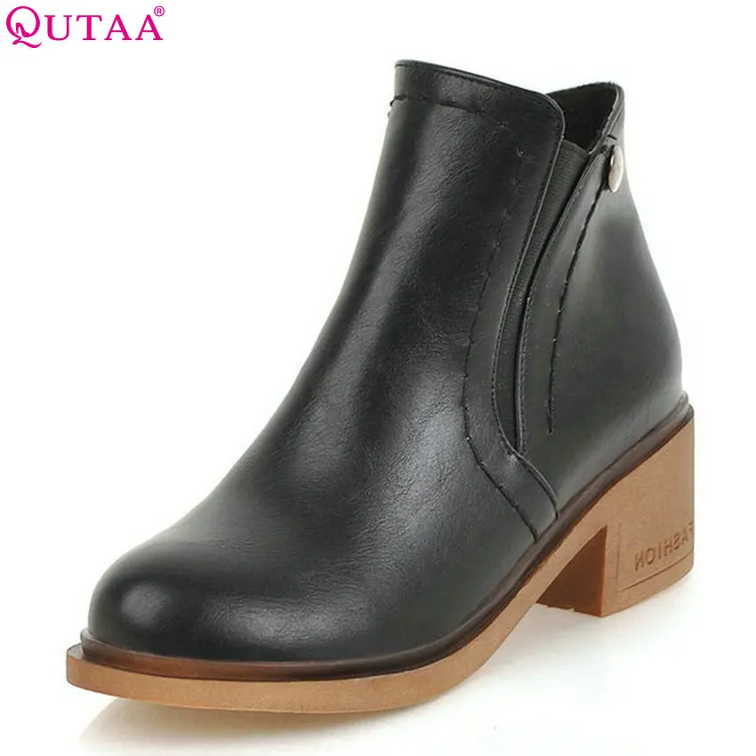 

QUTAA 2019 Women Ankle Boots Pu Leather Elegant All Match Square High Heel Winter Boots Solid Round Toe Women Boots Size 34-43