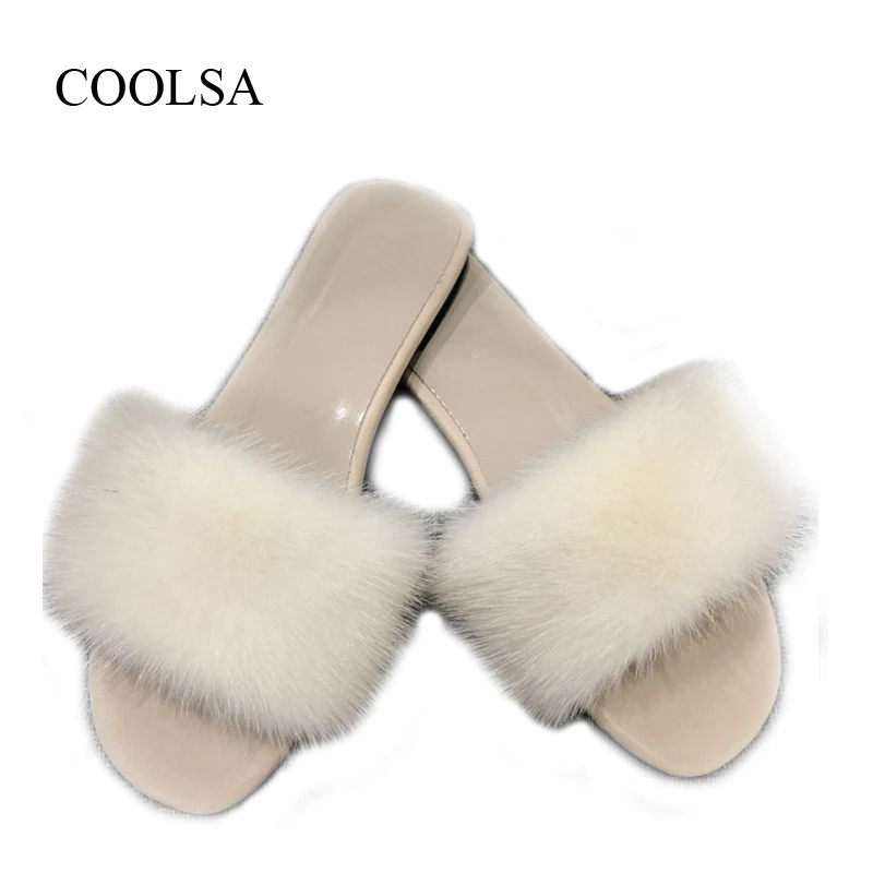

COOLSA Women Summer Outside Flat Fur Slides Women Solid Flat Non-slip Mink Fur Slippers Women Slides Wholesale Drop Shipping Hot