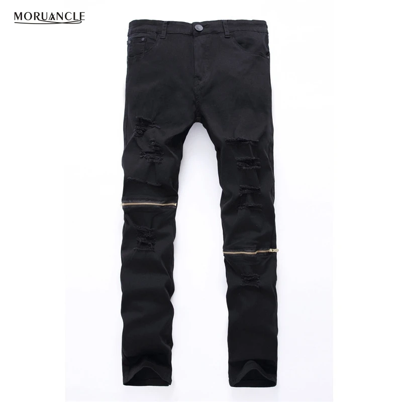 MORUANCLE Cool Swag Hip Hop Jeans Destroyed Distressed Knee Leg Zippers Ripped Jeans Pants For Male