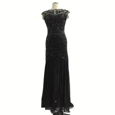 

Real Photo Boat -neck Black Meramid Evening Dress Luxury Lace up back Cap Sleeve Prom Dresses Crystal Size Plus size In stock