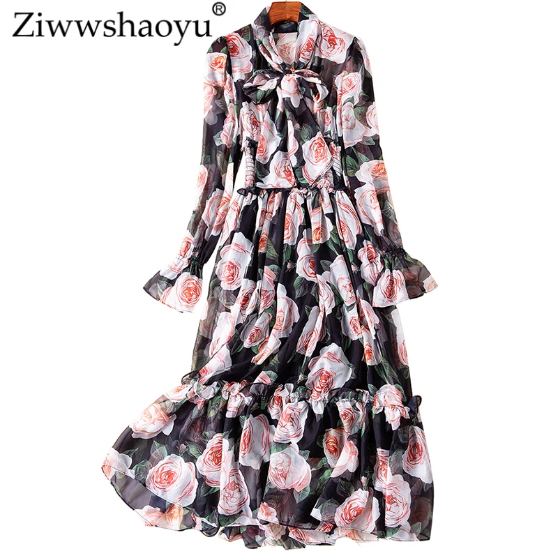 

Ziwwshaoyu Beach Vacation Chiffon dresses Bow Ruffles Flare Sleeve elegant Print empire dress Spring and summer new women's