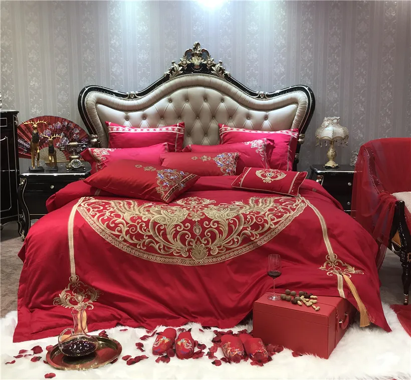 Waliicorners Egyptian Cotton Luxury Embroidery Red Wedding Bedding set Duvet cover Bed Sheets,Silky Ultra soft Queen King size 4/6/9- 7 IMG_8699