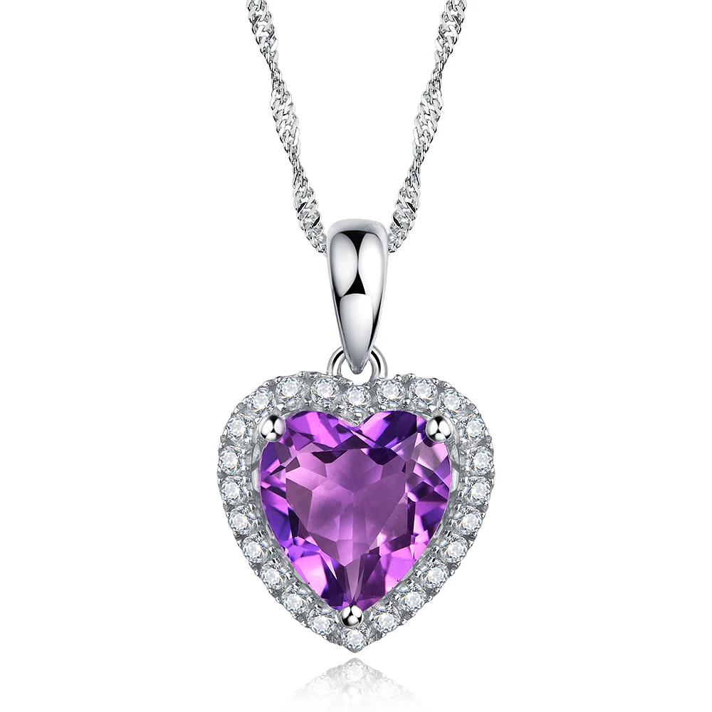 

2.0ct Gemstone Natural Amethyst Sterling Silver Loving Heart Zirconia Pendant