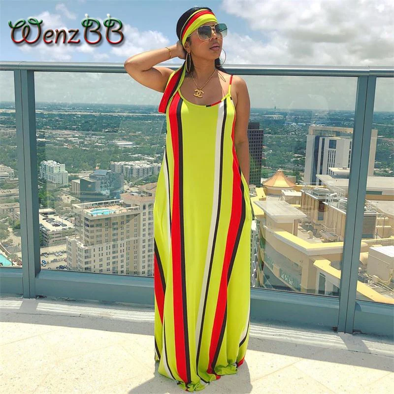 

Wenzbb Bohemia Loose Colourful Strip Maxi Dress Women Sleeveless Slip Sundress With Ribbon Beach Dress Outfit Drop Shipping