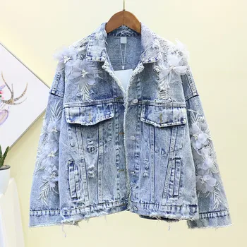 

Female Loose Ripped Hole Denim Jackets 2019 New 3D Flower Casual Short Jeans Jacket Luxury Appliques Frayed Jackets Fashion Coat