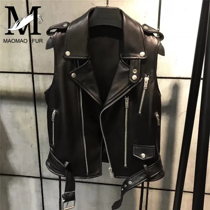 Lady Genuine Leather Vest Fashion Women Real Leather Jacket Without