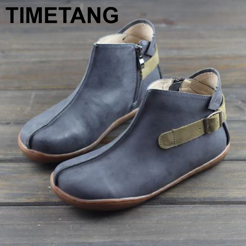 

TIMETANG 2019Woman Boots 100% Authentic Leather Ladies Ankle Boots Buckle Women Leather Boots Female Spring/Autumn FootwearE526