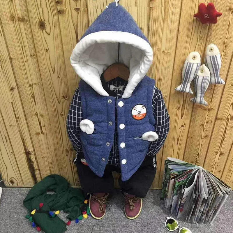 Baby Boys Girls Hooded Vest Plaid Coat Black Pant Sets 1-2