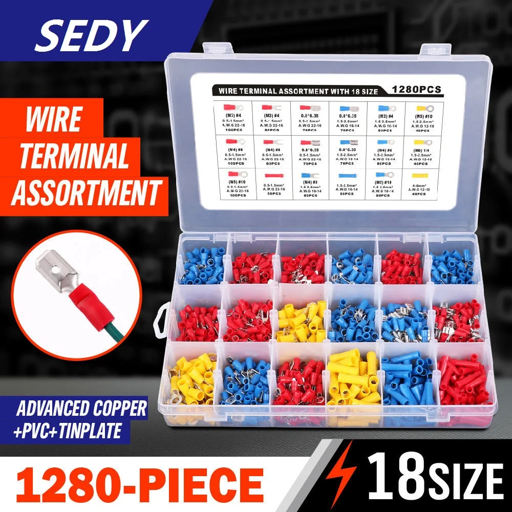

SEDY 1280pcs Assorted Insulated Straight Butt Connectors Electrical Crimp Wire Cable Terminals Electrical Tool Accessories