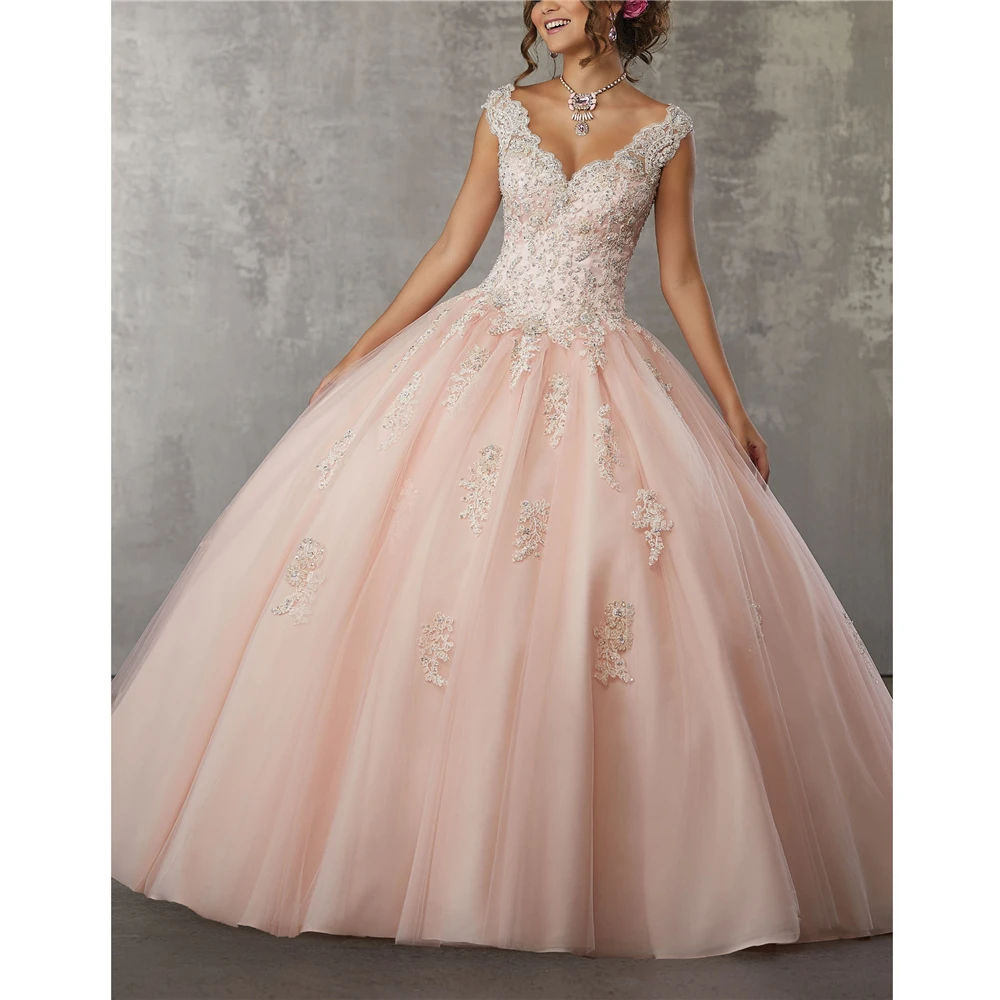 

Elegant Sleeveless V-neck Floor-Length Ball Gown Spaghetti Strapsvestidos de quinceanera vestidos de 15 anos Quinceanera Dresses
