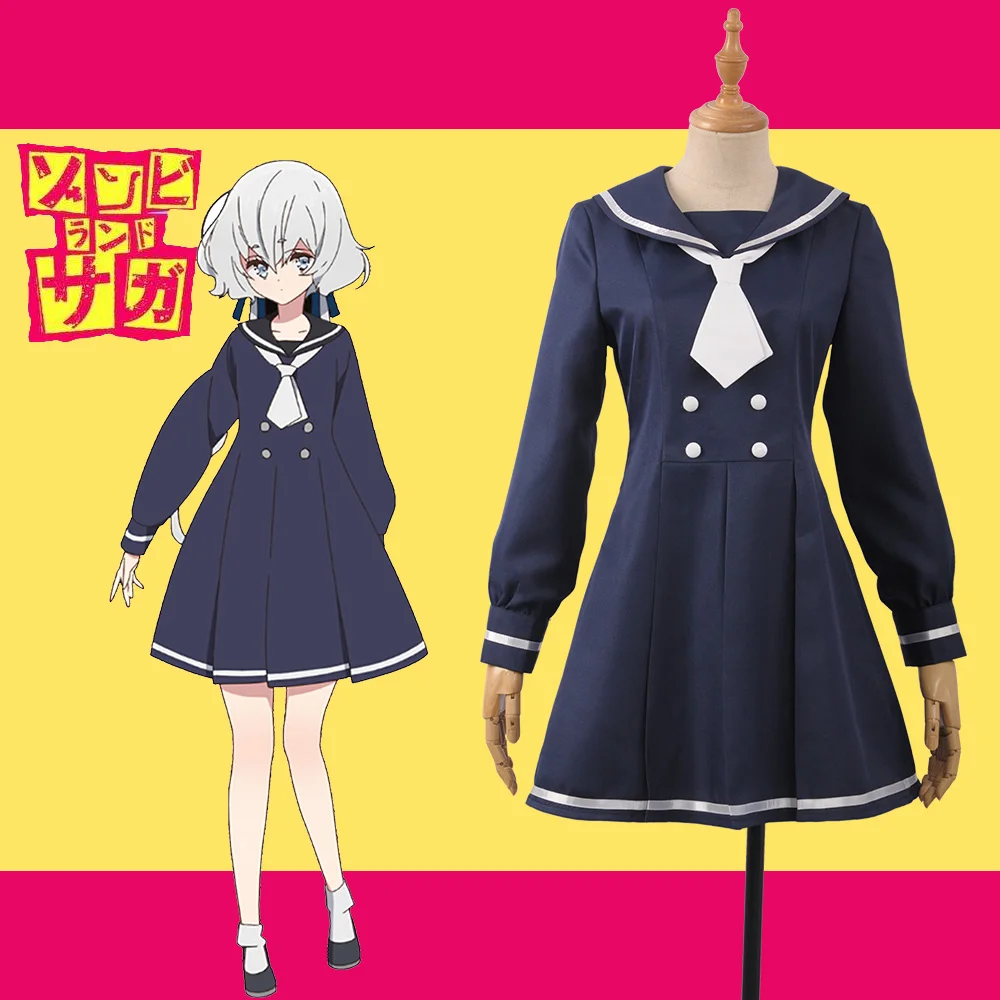 

Horrible Anime ZOMBIE LAND SAGA Junko Konno Fancy Stage Girls Cosplay Costume Adult Outfit Clothing Navy Blue Top Dress + Tie