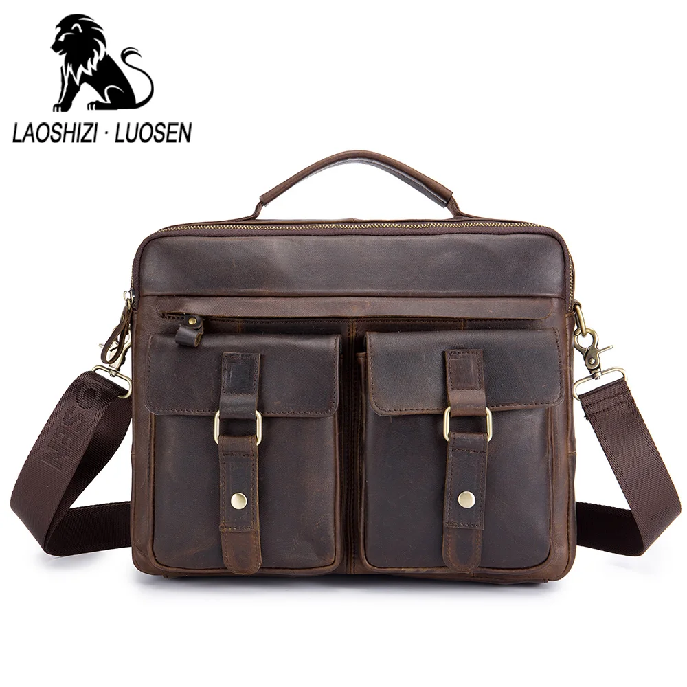 LAOSHIZI LUOSEN Vintage Men Briefcase Genuine Leather Tote Bag Crossbody Messenger Shoulder Bags Handbags 501 | Багаж и сумки