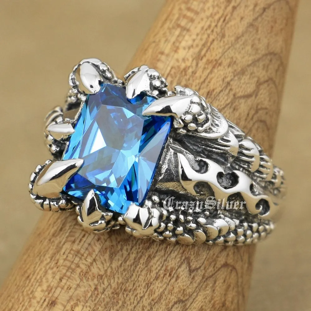 

925 Sterling Silver Huge Blue CZ Stone Dragon Claw Ring Mens Boys Biker Rock Punk Ring 8T102 US Size 7 to 15