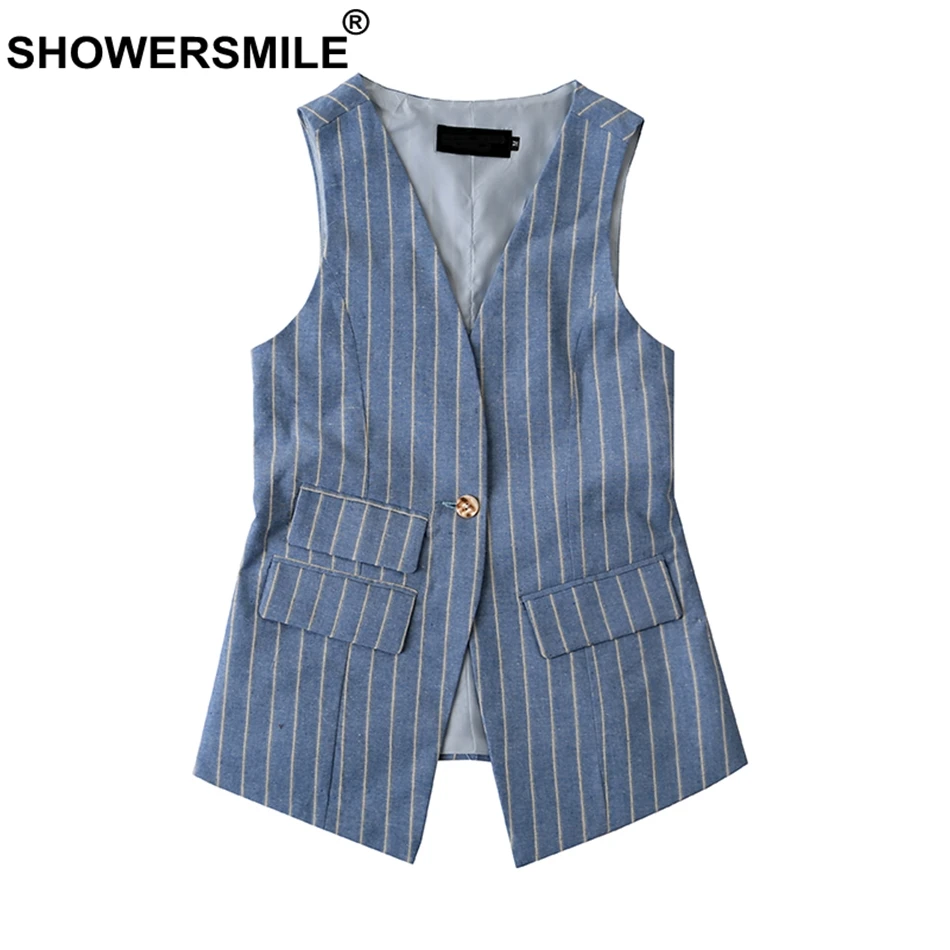 

SHOWERSMILE Blue Suit Vest Women Stripe Cotton Waistcoat Ladies Slim Fit OL Sleeveless Jacket One Button Pockets Autumn Clothing