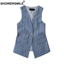 SHOWERSMILE Blue Suit Vest Women Stripe Cotton Waistcoat Ladies Slim Fit OL Sleeveless Jacket One Button Pockets Autumn Clothing