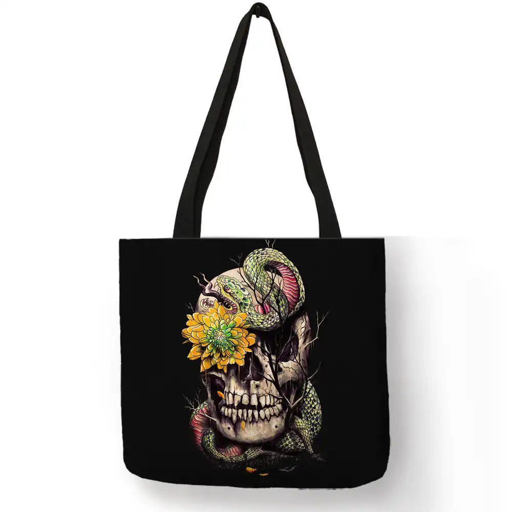 Dark Black Cool Skull Print Linen Tote Bag Eco Reusable Ping Bags For Women Traveling School Shoulder Folding